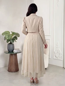Feyla Design Mesh Patchwork Waist-Cinched Dress With Cropped Long Sleeve Jacket, Handmade 3D Floral Set, Elegant For Commute And Party - Khaki - View 6