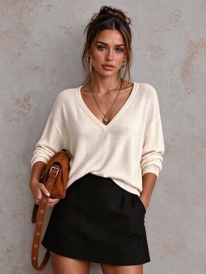 CHARMVALE Women's White Long-Sleeve V-Neck Top In A Simple Knit Fabric; Suitable For Casual Wear, Dates, Commuting, Halloween, And Everyday Outfits.