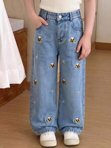 Young Girl Fashion Snowflake Washed Bee Flower Embroidered Wide-Leg Jeans Fall Blue Cowgirl Cowboy - Blue - View 2