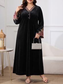 Al Najma Plus Size Women's Floral Print Casual Party Arabian Dress - Black - View 5