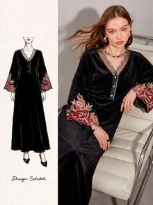 Al Najma Plus Size Women's Floral Print Casual Party Arabian Dress - Black - View 7