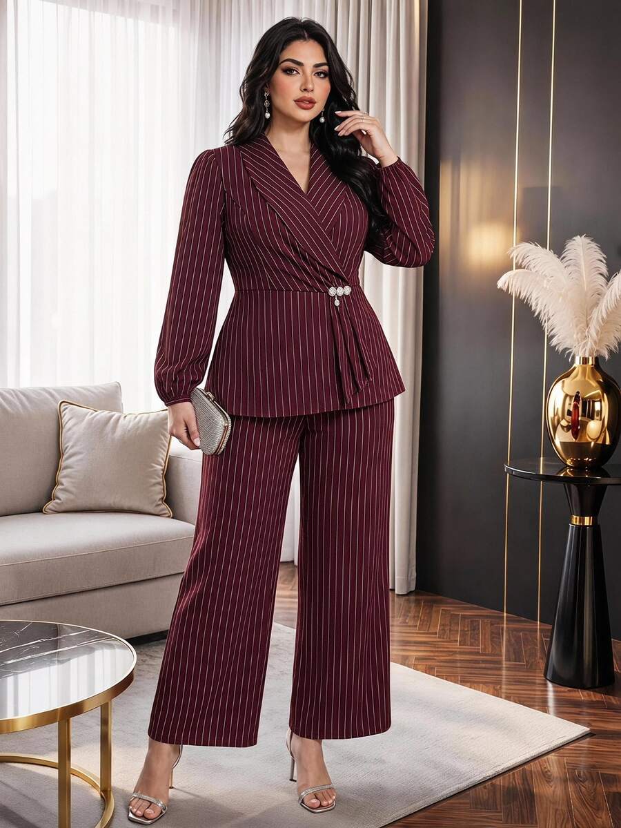 Modelyn Plus Size Women's Striped Long Sleeve Jacket And Pants Casual Commute Suit Set - Burgundy - View 1