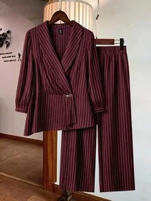 Modelyn Plus Size Women's Striped Long Sleeve Jacket And Pants Casual Commute Suit Set - Burgundy - View 4