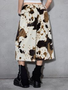 ROMWE Street Life Autumn/Winter Vintage Cow Print Faux Fur Loose Wide Leg Capri Pants - Multicolor - View 5