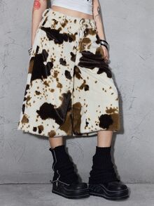 ROMWE Street Life Autumn/Winter Vintage Cow Print Faux Fur Loose Wide Leg Capri Pants - Multicolor - View 3