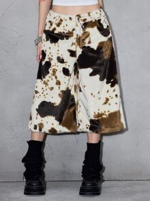ROMWE Street Life Autumn/Winter Vintage Cow Print Faux Fur Loose Wide Leg Capri Pants - Multicolor - View 1