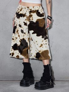 ROMWE Street Life Autumn/Winter Vintage Cow Print Faux Fur Loose Wide Leg Capri Pants - Multicolor - View 4