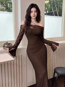Feyla 女款蕾絲露肩長袖修身優雅性感迷人晚宴禮服 深棕色 秋季 - 咖啡棕 - 查看 2