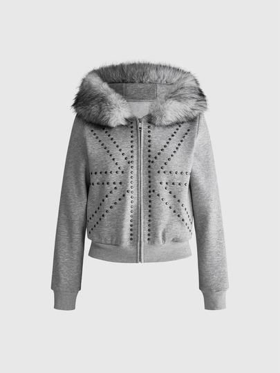 Y2K Vintage Flag Metal Decor Fur Collar Open Front Versatile Autumn/Winter Women's Sweatshirt
