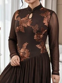 Modelyn Plus Size Women's Stand Collar Hollow Chest Transparent Long Sleeve Patchwork Design Elegant & Graceful Maxi Dress - Coffee Brown - View 5