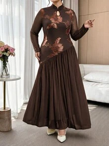 Modelyn Plus Size Women's Stand Collar Hollow Chest Transparent Long Sleeve Patchwork Design Elegant & Graceful Maxi Dress - Coffee Brown - View 4