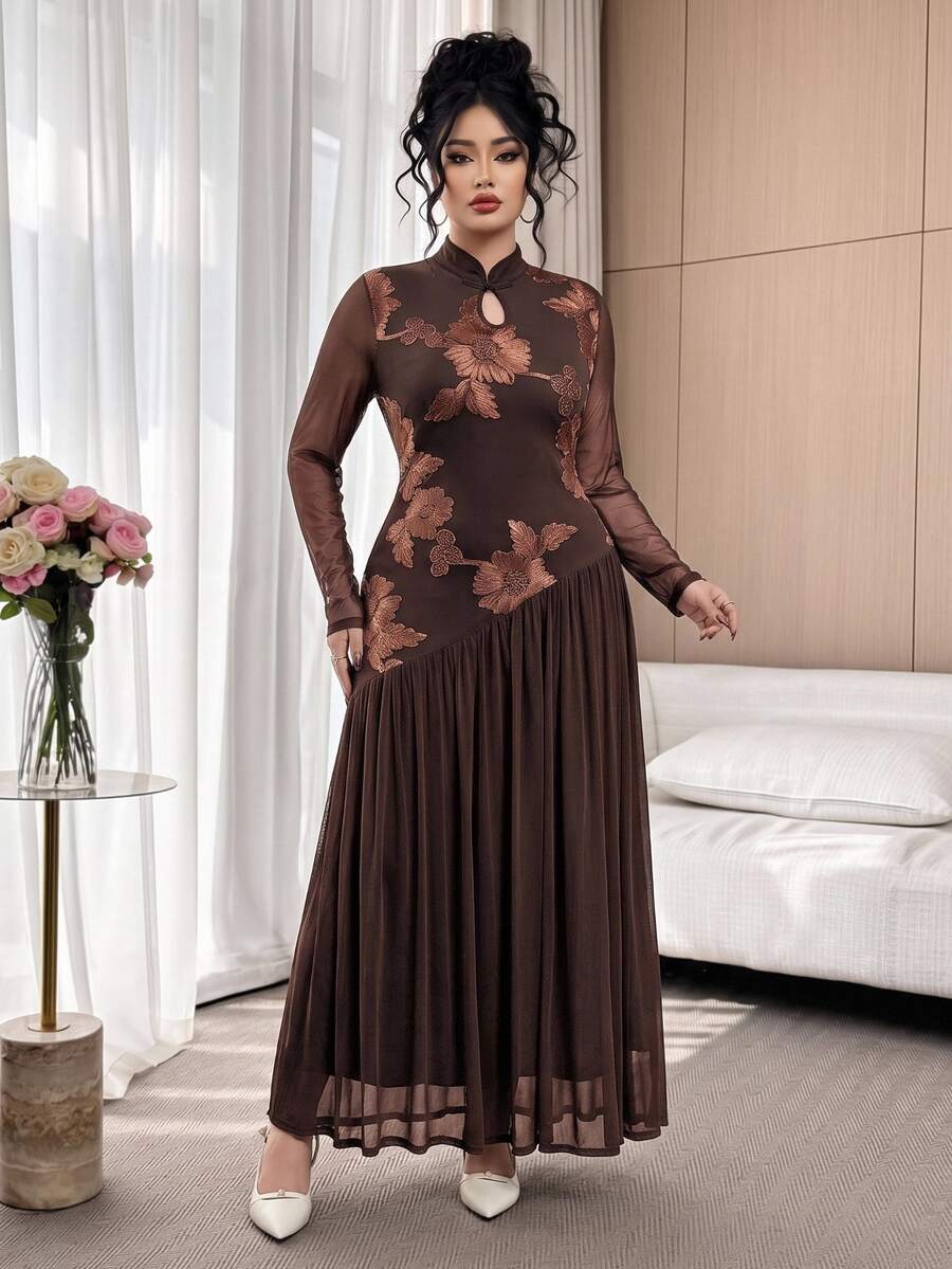 Modelyn Plus Size Women's Stand Collar Hollow Chest Transparent Long Sleeve Patchwork Design Elegant & Graceful Maxi Dress - Coffee Brown - View 1