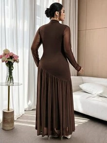 Modelyn Plus Size Women's Stand Collar Hollow Chest Transparent Long Sleeve Patchwork Design Elegant & Graceful Maxi Dress - Coffee Brown - View 2