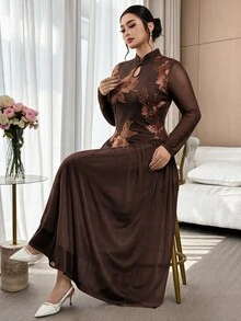 Modelyn Plus Size Women's Stand Collar Hollow Chest Transparent Long Sleeve Patchwork Design Elegant & Graceful Maxi Dress - Coffee Brown - View 6