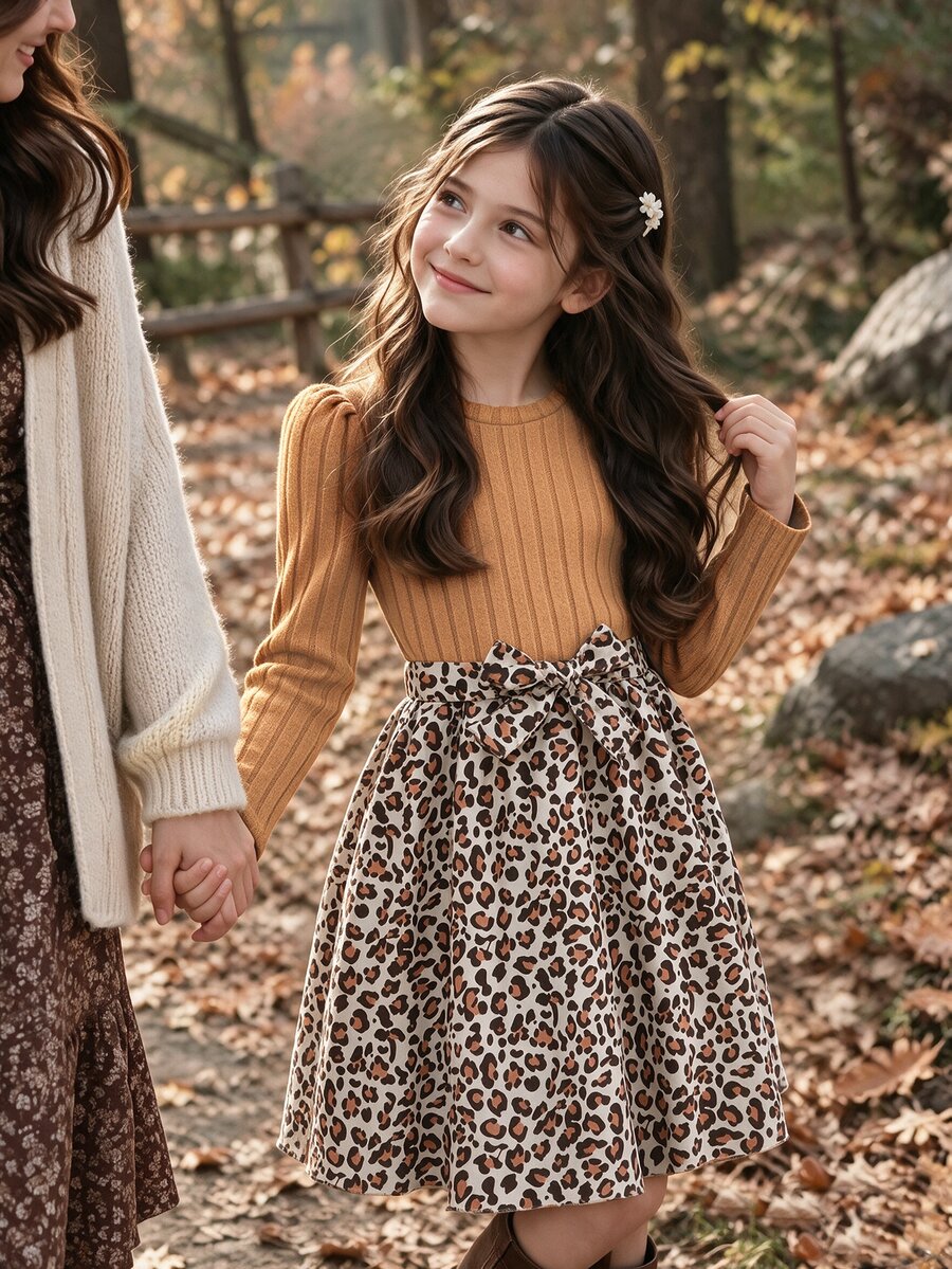 SHEIN 青少年女孩羅紋針織長袖上衣 格紋拼接下擺 修身洋裝 腰帶休閒套裝 80年代風格 日常秋季出遊 優雅感恩節穿搭 - 彩色 - 查看 1