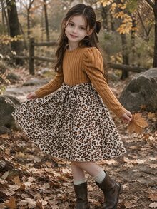 SHEIN 青少年女孩羅紋針織長袖上衣 格紋拼接下擺 修身洋裝 腰帶休閒套裝 80年代風格 日常秋季出遊 優雅感恩節穿搭 - 彩色 - 查看 3
