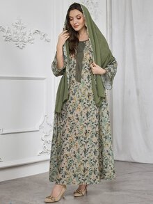 Al Najma Vestido con estampado de flores, unicolor, con bordado y ribete, estilo árabe, con pañuelo para la cabeza - Verde - Ver 6