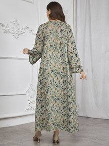 Al Najma Vestido con estampado de flores, unicolor, con bordado y ribete, estilo árabe, con pañuelo para la cabeza - Verde - Ver 4