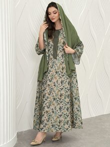 Al Najma Vestido con estampado de flores, unicolor, con bordado y ribete, estilo árabe, con pañuelo para la cabeza - Verde - Ver 1