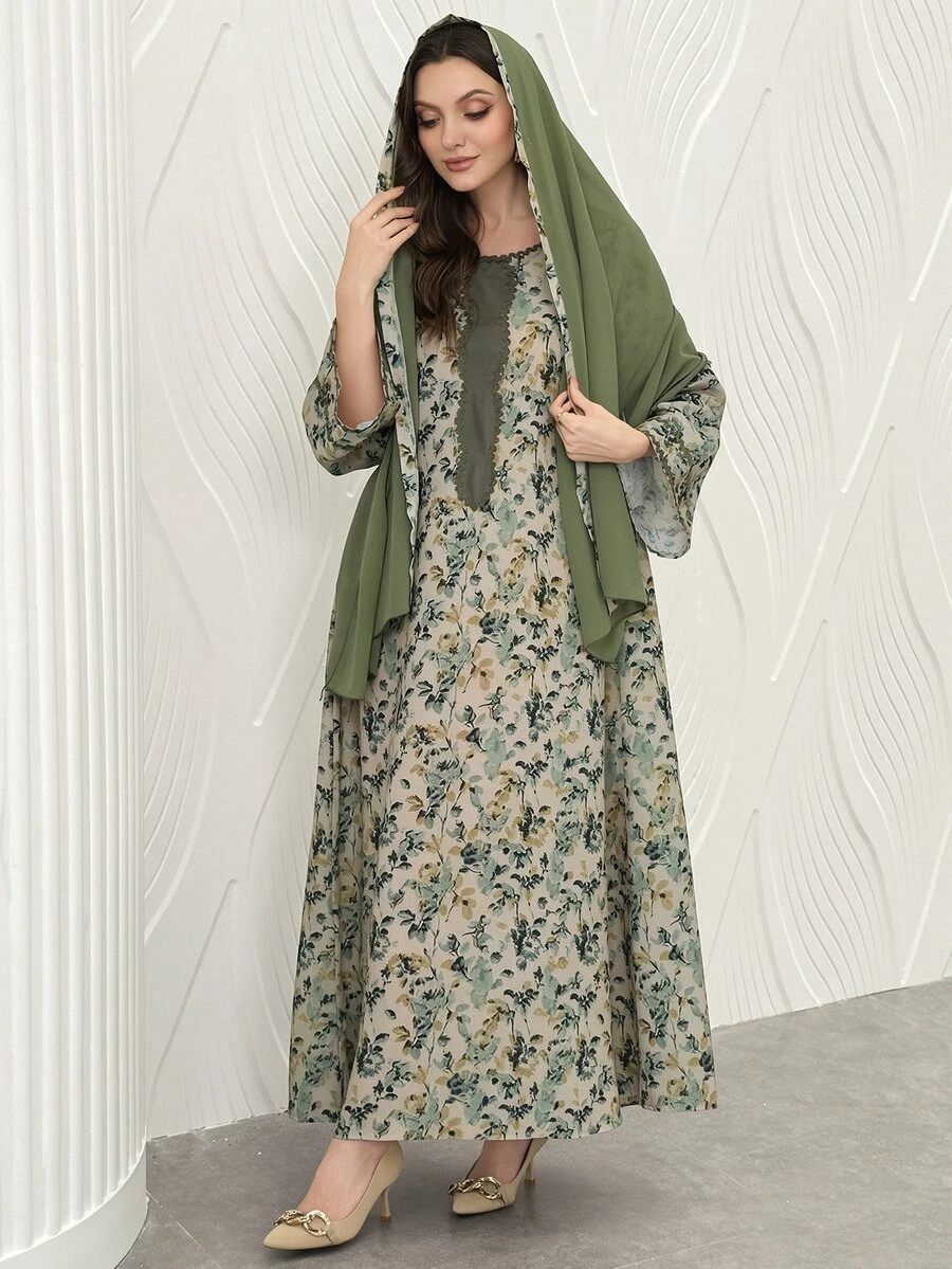 Al Najma Vestido con estampado de flores, unicolor, con bordado y ribete, estilo árabe, con pañuelo para la cabeza - Verde - Ver 1