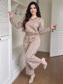 Modelyn Plus Size Geometric Print Long Sleeve Sweater And Button Decor Midi Skirt Set - Multicolor - View 1