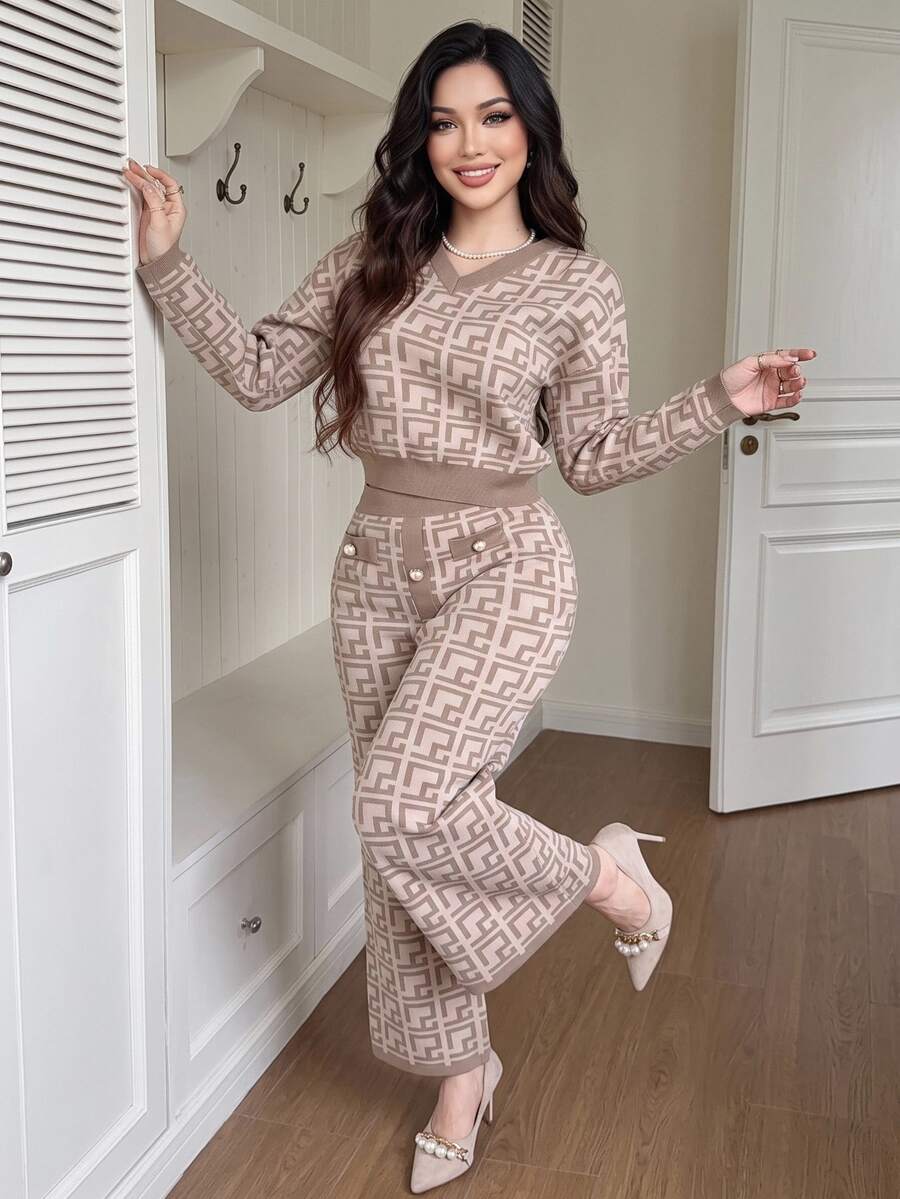 Modelyn Plus Size Geometric Print Long Sleeve Sweater And Button Decor Midi Skirt Set - Multicolor - View 1
