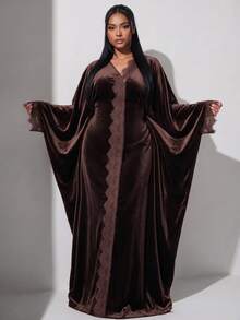 Veilorie Plus Size Women's Contrast Lace V-Neck Batwing Sleeve Elegant Dress - Brown - View 1