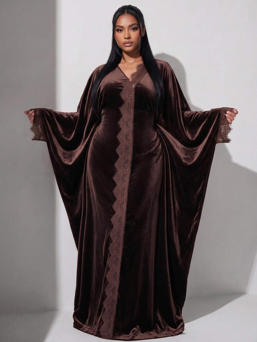 Veilorie Plus Size Women's Contrast Lace V-Neck Batwing Sleeve Elegant Dress - Brown - View 1