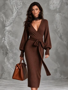 LUMIGAL Women's Solid Color V-Neck Waist Knot Casual Party Knit Dress - Brown - View 6