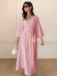 Solavon Conservative Casual Red And White Striped Women's Long Dress Brunch Vacation Fall - Red - View 2