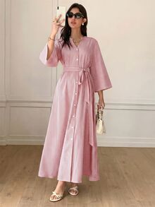Solavon Conservative Casual Red And White Striped Women's Long Dress Brunch Vacation Fall - Red - View 5