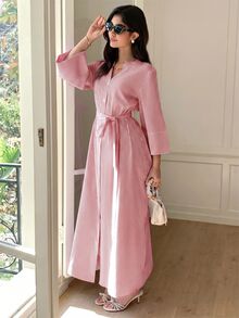 Solavon Conservative Casual Red And White Striped Women's Long Dress Brunch Vacation Fall - Red - View 6