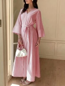 Solavon Conservative Casual Red And White Striped Women's Long Dress Brunch Vacation Fall - Red - View 4