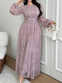 Feyla Plus Lantern Sleeve Lace Dress - Baby Pink - View 2