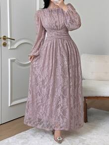 Feyla Plus Lantern Sleeve Lace Dress - Baby Pink - View 4