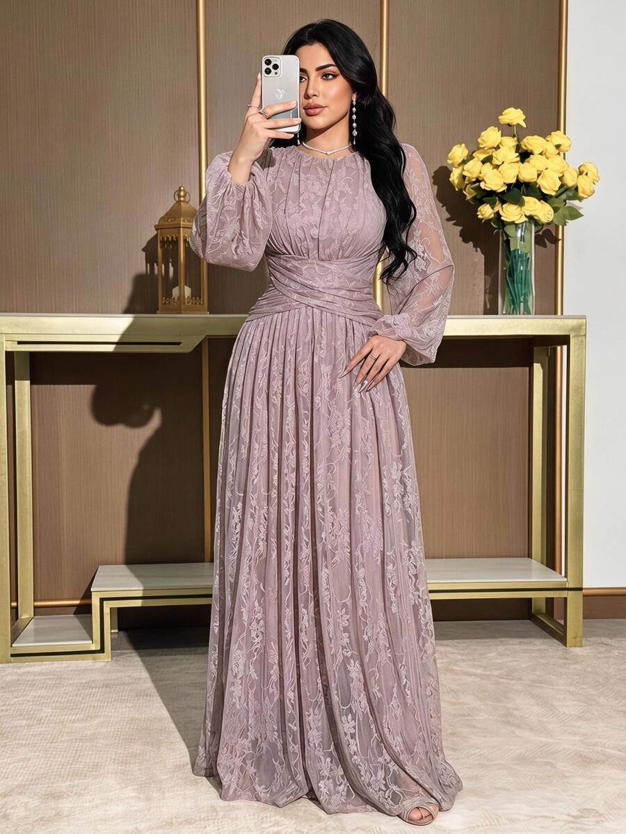 Feyla Plus Lantern Sleeve Lace Dress - Baby Pink - View 1