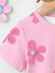 SHEIN 1套女嬰可愛粉色休閒花卉印花T恤與純色內搭褲套裝，適合夏季日常穿著 - 彩色 - 查看 6