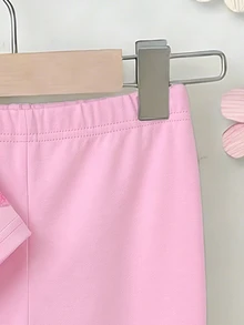 SHEIN 1套女嬰可愛粉色休閒花卉印花T恤與純色內搭褲套裝，適合夏季日常穿著 - 彩色 - 查看 4