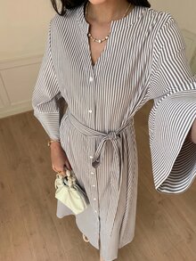 Solavon Conservative Casual Striped Dress For Women - Coffee Brown - View 1