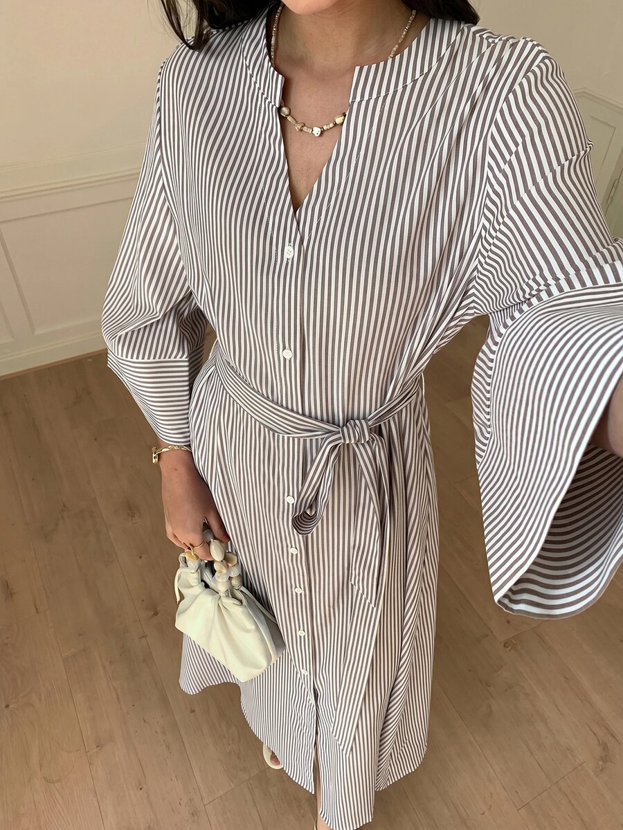 Solavon Conservative Casual Striped Dress For Women - Coffee Brown - View 1