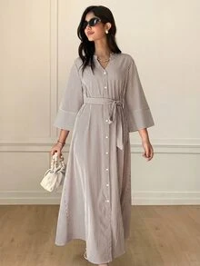 Solavon Conservative Casual Striped Dress For Women - Coffee Brown - View 2