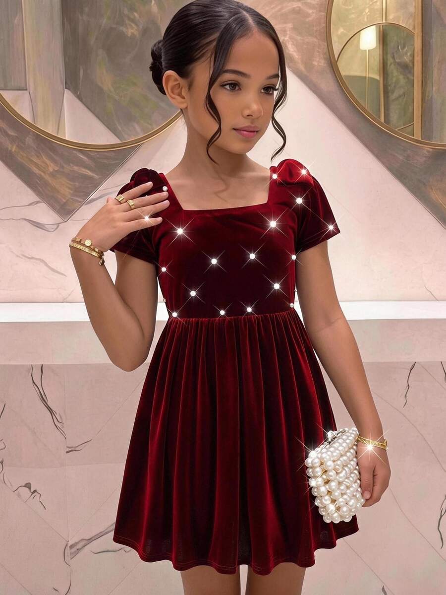 SHEIN 青少年女孩秋冬天鵝絨珠飾保暖內裡加厚簡約休閒派對蝴蝶結洋裝 - 紅色 - 查看 1