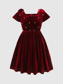 SHEIN 青少年女孩秋冬天鵝絨珠飾保暖內裡加厚簡約休閒派對蝴蝶結洋裝 - 紅色 - 查看 5
