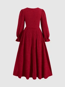 SHEIN 青少年女孩秋冬保暖內裡加厚休閒羅紋抓絨極簡聖誕長洋裝 - 紅色 - 查看 3