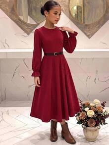 SHEIN 青少年女孩秋冬保暖內裡加厚休閒羅紋抓絨極簡聖誕長洋裝 - 紅色 - 查看 5