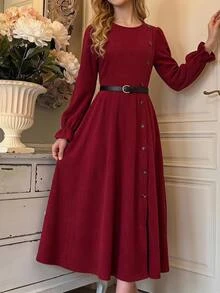 SHEIN 青少年女孩秋冬保暖內裡加厚休閒羅紋抓絨極簡聖誕長洋裝 - 紅色 - 查看 6