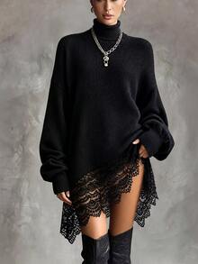 LUMIGAL Women's Solid Color High Neck Drop Shoulder Long Sleeve Lace Hem Elegant Knit Dress - Black - View 5