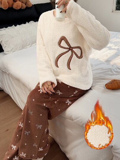 Napfluff Piyama Wanita Lucu Berbahan Plush dengan Atasan Bordir Pita Cokelat dan Bawahan Flanel Motif Polkadot dengan Pita, Set 2 Potong Hangat untuk Dipakai di Rumah pada Musim Gugur/Dingin
