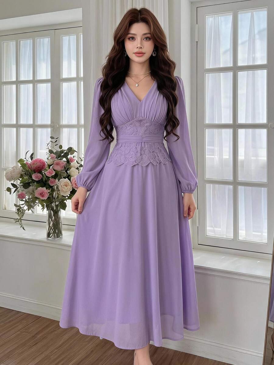Feyla Charming Lavender Midi Dress For Women With Delicate Lace Detail And Flowing Skirt