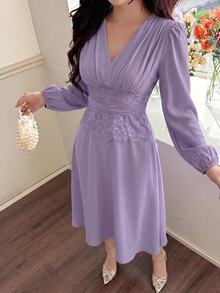 Feyla Charming Lavender Midi Dress For Women With Delicate Lace Detail And Flowing Skirt - Lilac Purple - View 5